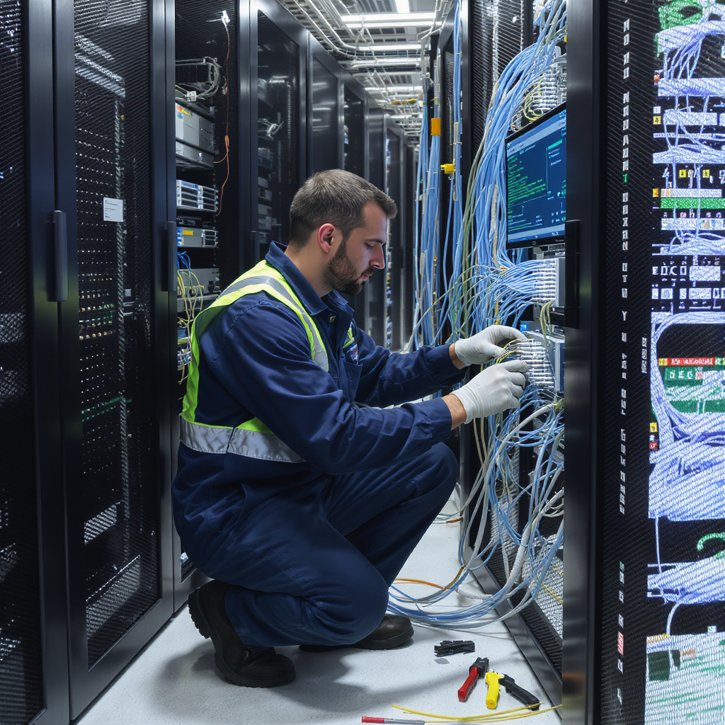 réseau de télécommunication installé par un technicien pour une grande société
