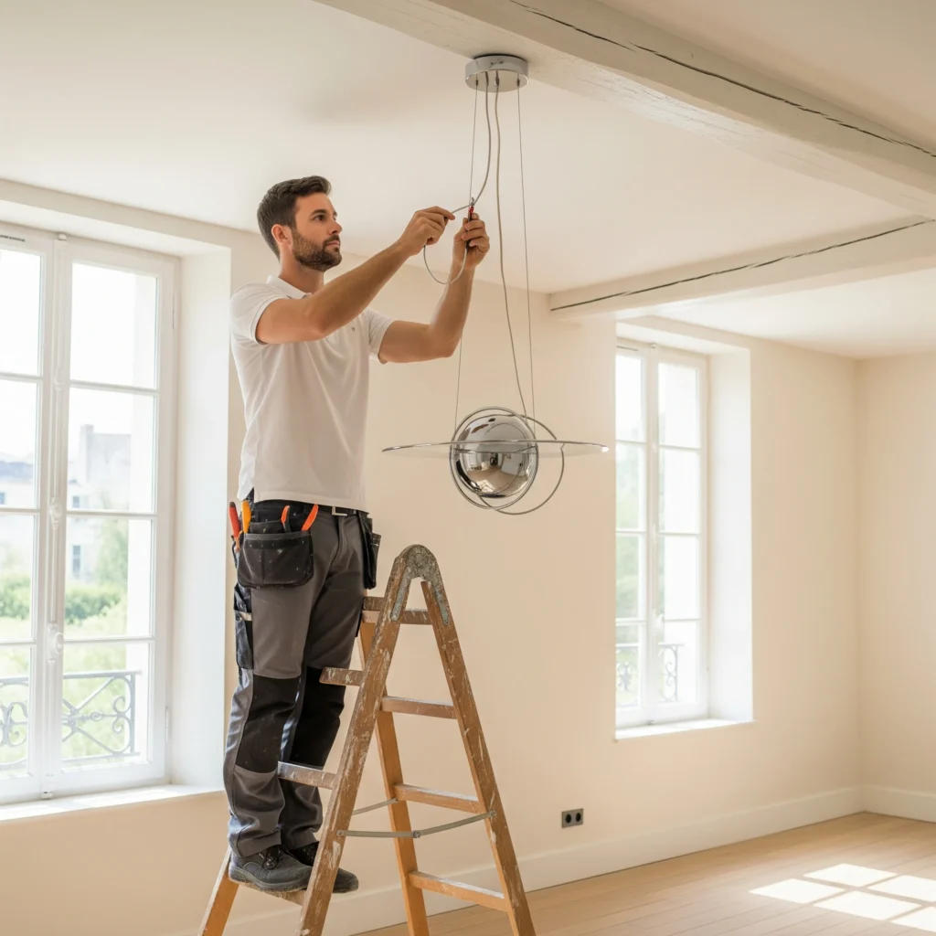 Elle représente un électricien sur un escabeau, en train d'installer méticuleusement une suspension moderne dans une pièce fraîchement rénovée d'une maison française. La scène, baignée de lumière naturelle, met en évidence l'attention portée aux détails et à la sécurité électrique, dans un cadre qui allie charme classique et design contemporain.