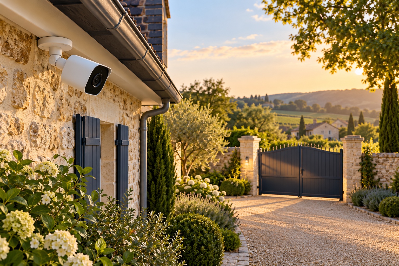 Caméra de surveillance sous l’avant-toit d’une maison en pierre, orientée vers le portail